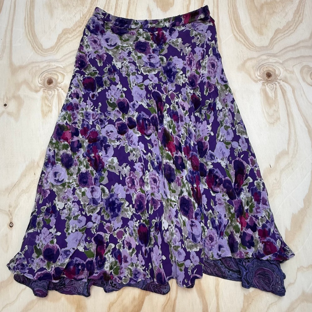 Sarah Arizona Purple Floral Paisley Reversible Rayon Midi Skirt Lg FLAWS